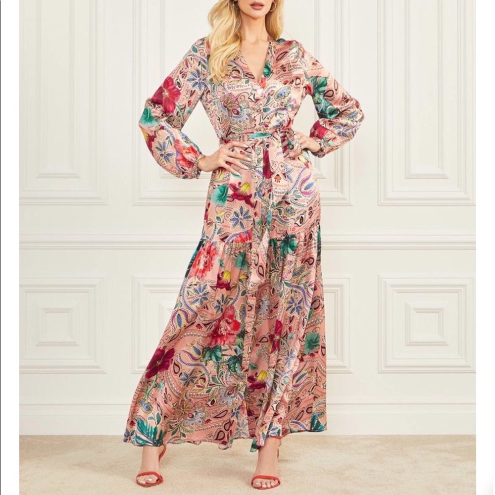 NEW Guess Silk Nomad long sleeve Maxi Dress